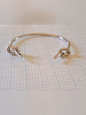 Love Knot-Detail Open Cuff Bangle Bracelet - Silver Tone